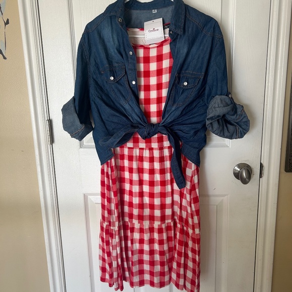 Red Checkered Dress with Denim Shirt 2XL - Picture 1 of 5